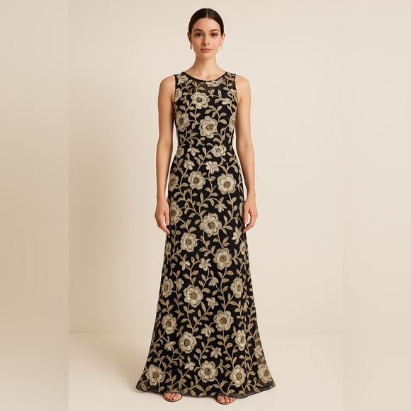 David Meister Dresses & Skirts - David Meister Black Floral Embroidered Gown Size 8
